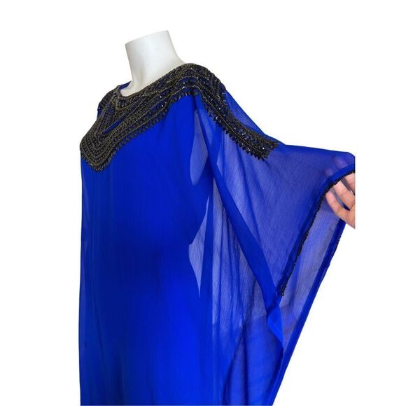 Royal blue women’s Islamic Kaftan black beaded embroidery wide long sleeve osfm - Picture 2 of 8